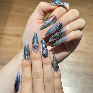 Spider Web Press On Nails with Dark Fantasy Chrome | 3D Metallic Gothic Nails | Alt Fashion Statemen