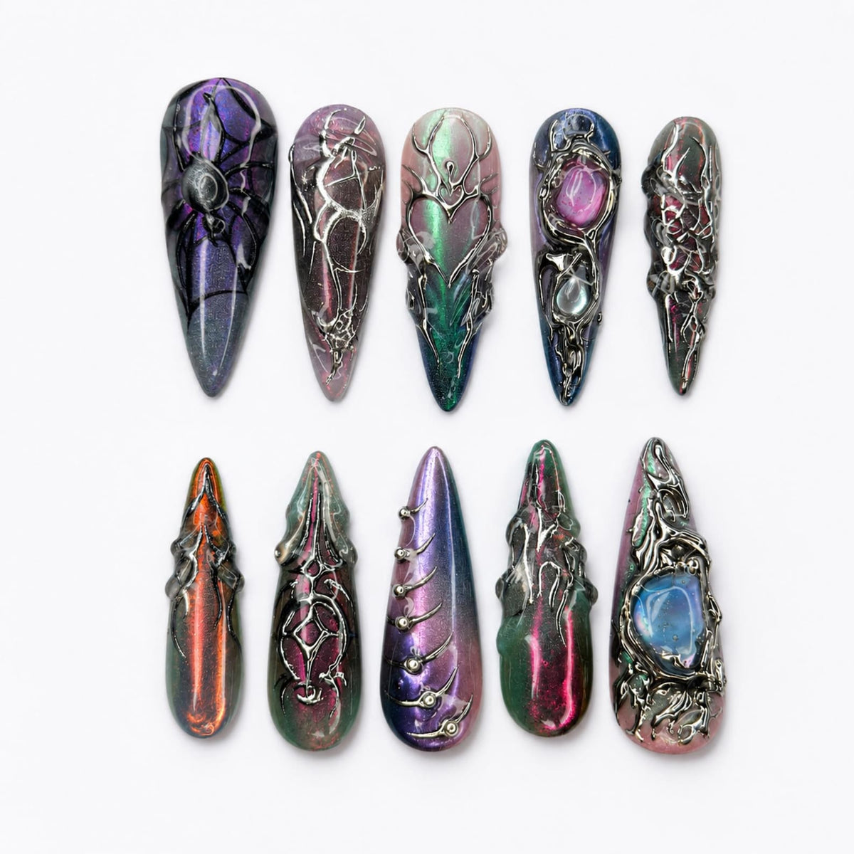 Spider Web Press On Nails with Dark Fantasy Chrome | 3D Metallic Gothic Nails | Alt Fashion Statemen