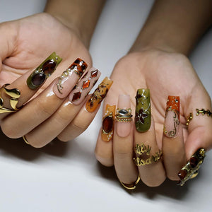 Maximal Press On Nails with Amber Gemstones, Olive Green Floral & Gold Vintage | Long Square Fake Nails | Handmade Nail Art For Celebrations