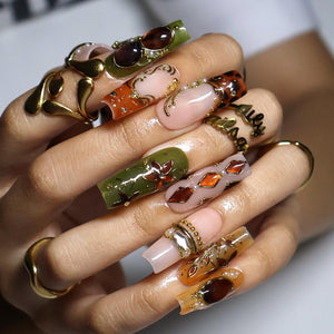 Maximal Press On Nails with Amber Gemstones, Olive Green Floral & Gold Vintage | Long Square Fake Nails | Handmade Nail Art For Celebrations