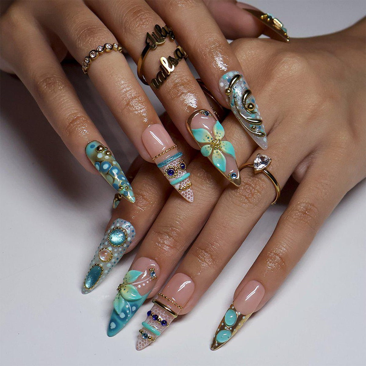 Maximal Press On Nails with 3D Aqua Flower, Gemstones & Gold Seashell | Long Almond Fake Nails | Handmade Nails Art for Vacation, Event