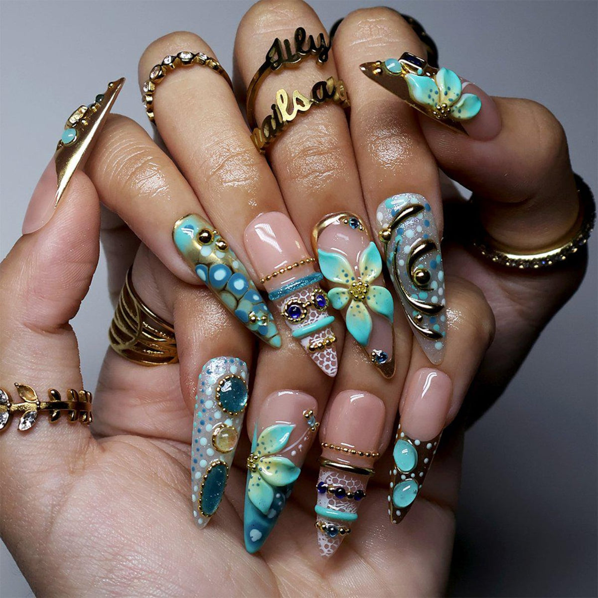 Maximal Press On Nails with 3D Aqua Flower, Gemstones & Gold Seashell | Long Almond Fake Nails | Handmade Nails Art for Vacation, Event