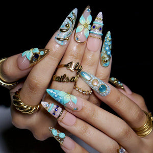 Maximal Press On Nails with 3D Aqua Flower, Gemstones & Gold Seashell | Long Almond Fake Nails | Handmade Nails Art for Vacation, Event