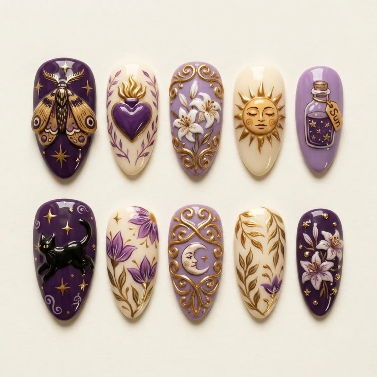 A set of ten almond-shaped press-on nails featuring intricate designs in purple, cream, and gold. Motifs include a moth, a sacred heart, white lilies, a sun face, a potion bottle labeled Sun, a black cat, purple flowers, a crescent moon, and foliage.