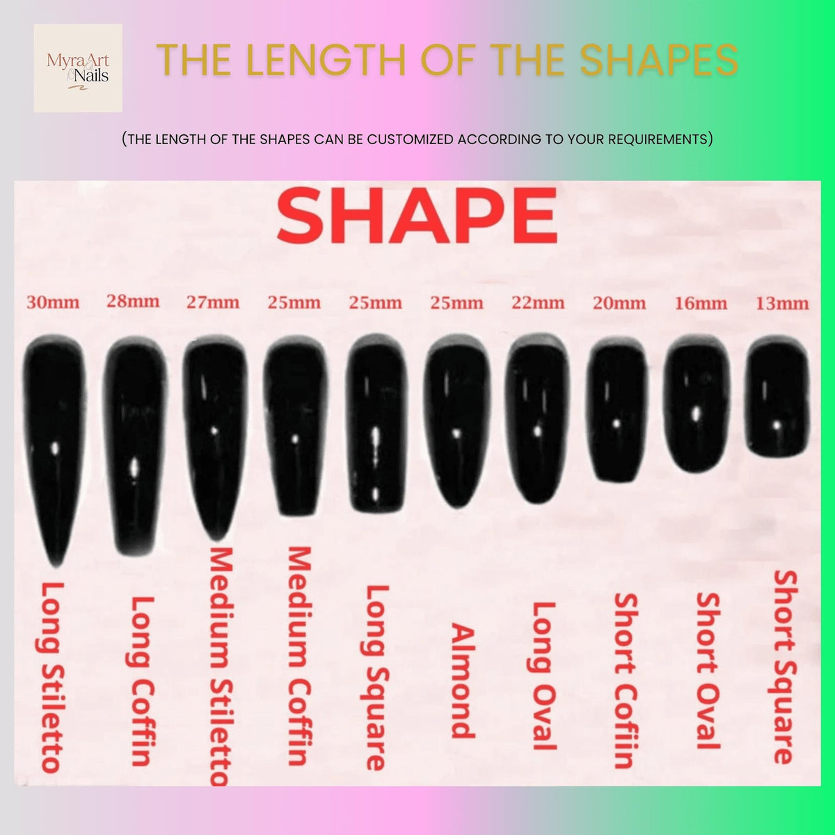 A chart displaying ten black artificial nail shapes with labels including Long Stiletto, Long Coffin, Medium Stiletto, Medium Coffin, Long Square, Almond, Long Oval, Short Coffin, Short Oval, and Short Square, with lengths from 13mm to 30mm.