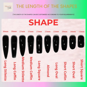 A chart displaying ten black artificial nail shapes with labels including Long Stiletto, Long Coffin, Medium Stiletto, Medium Coffin, Long Square, Almond, Long Oval, Short Coffin, Short Oval, and Short Square, with lengths from 13mm to 30mm.