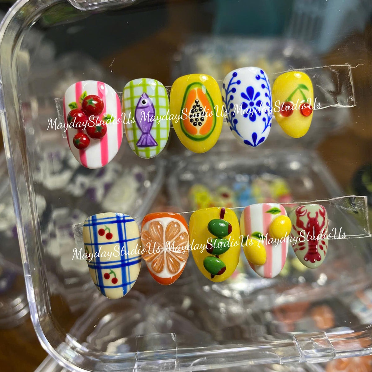 Mediterranean Fruit Summer Press On Nails, Italian Coastal Nails, Sardine Nails, 3D Tomato Lemon Olive Nails, Maximalist Vacation Nails image 2