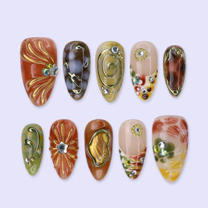 Abstract Earth Tone Press On Nails with Gold Chrome & Aura Marble | Medium Almond Fake Nails | Handmade Nails for Fall, Everyday Wear image 1