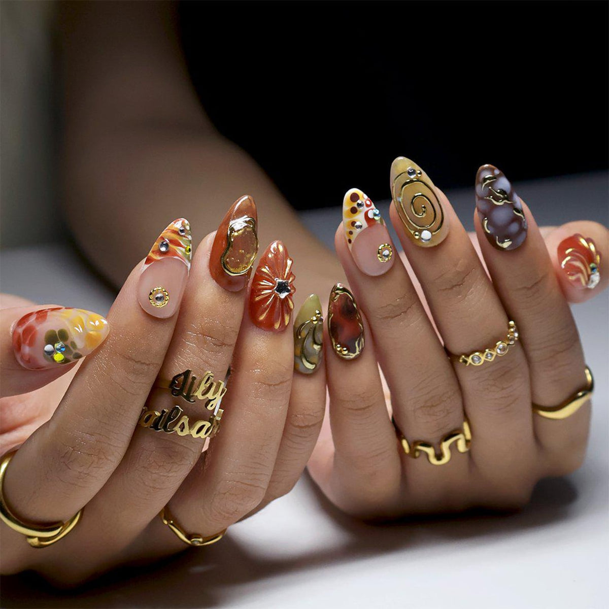Abstract Earth Tone Press On Nails with Gold Chrome & Aura Marble | Medium Almond Fake Nails | Handmade Nails for Fall, Everyday Wear image 2