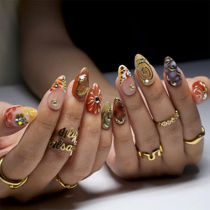 Abstract Earth Tone Press On Nails with Gold Chrome & Aura Marble | Medium Almond Fake Nails | Handmade Nails for Fall, Everyday Wear image 2