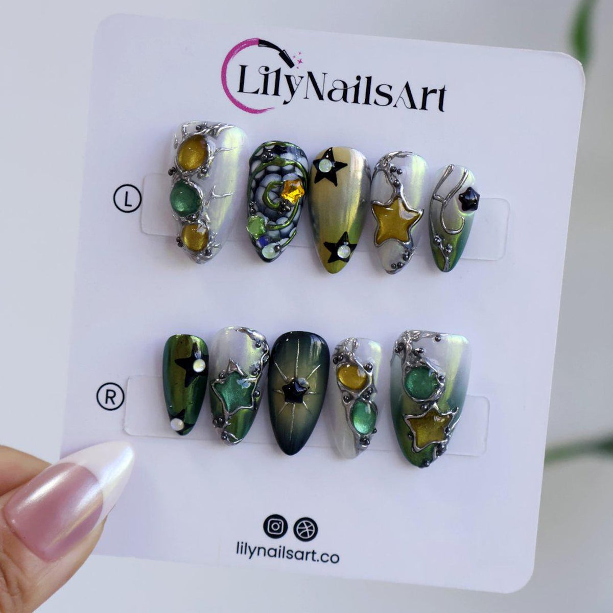 Y2K Press On Nails with Green Chrome, Star Charms | Medium Almond Fake Nails | Handmade Nails Art for Party, Festival & Streetwear Looks image 5