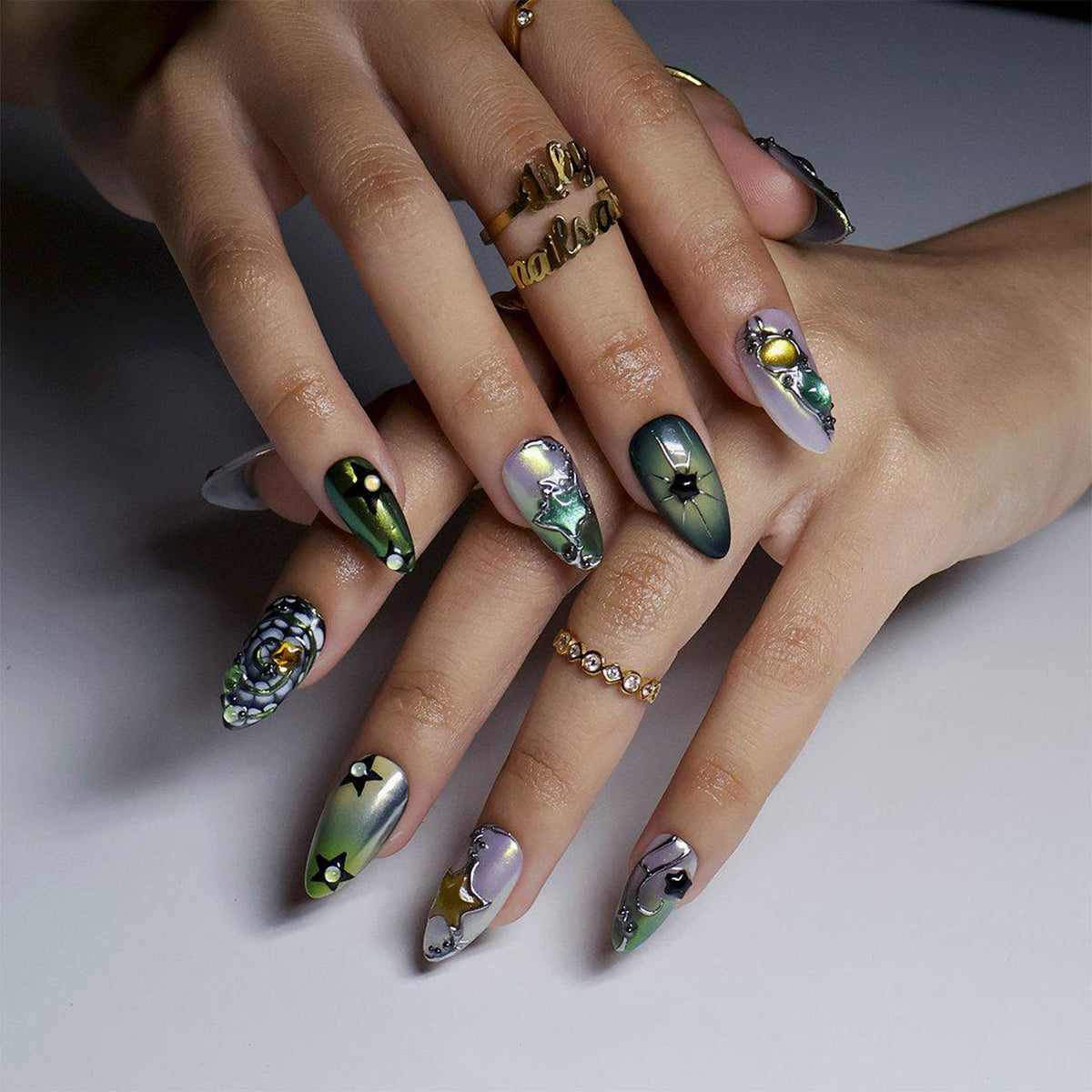 Y2K Press On Nails with Green Chrome, Star Charms | Medium Almond Fake Nails | Handmade Nails Art for Party, Festival & Streetwear Looks image 4