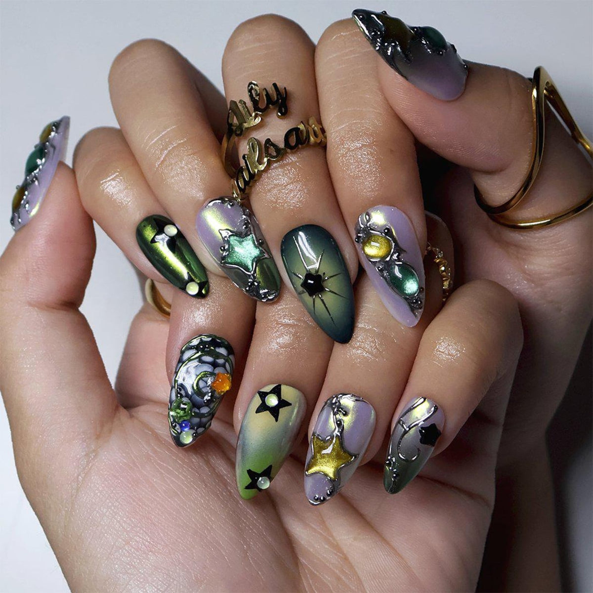 Y2K Press On Nails with Green Chrome, Star Charms | Medium Almond Fake Nails | Handmade Nails Art for Party, Festival & Streetwear Looks image 3