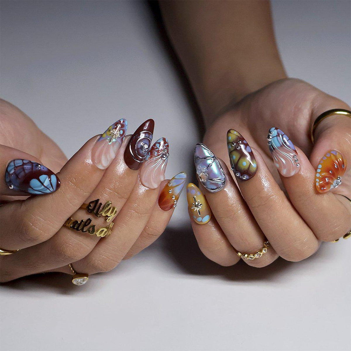 Free Style Press On Nails with Brown & Blue Abstract Swirl | Chrome Fake Nails in Medium Almond | Handmade Nail Art for Statement Looks image 3
