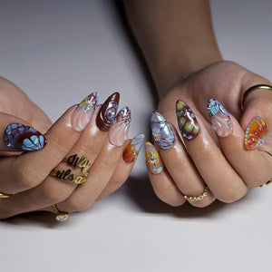 Free Style Press On Nails with Brown & Blue Abstract Swirl | Chrome Fake Nails in Medium Almond | Handmade Nail Art for Statement Looks image 3