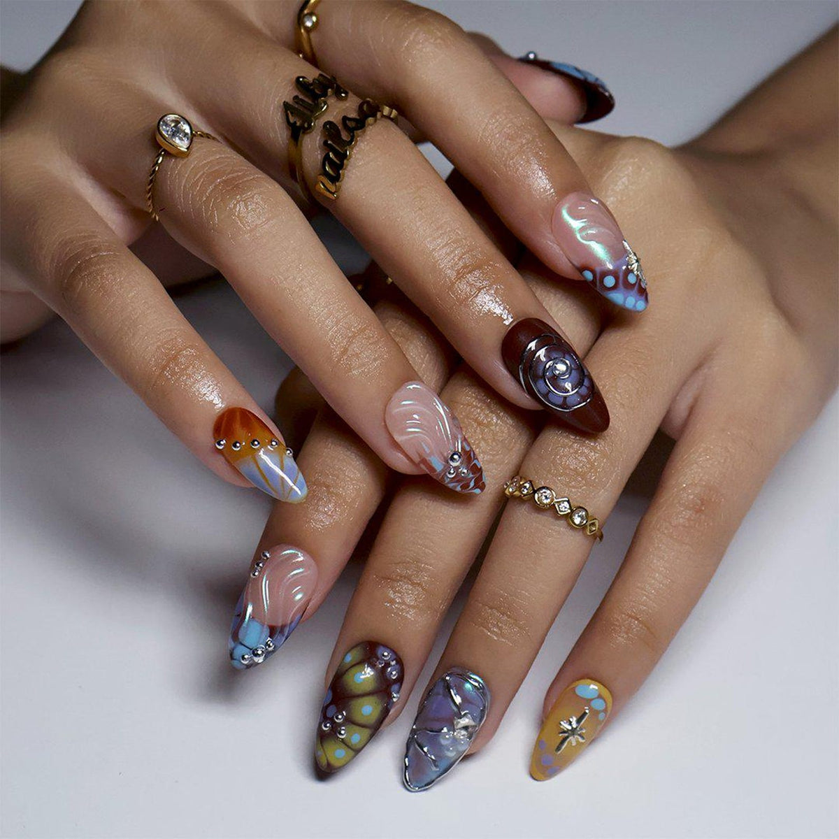 Free Style Press On Nails with Brown & Blue Abstract Swirl | Chrome Fake Nails in Medium Almond | Handmade Nail Art for Statement Looks image 2