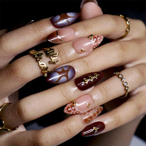 Mocha Brown Press On Nails with 3D Tortoise Shell, Gold Studs | Medium Almond Fake Nails | Handmade Nail Art Y2K For Fall & Everyday