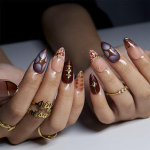 Mocha Brown Press On Nails with 3D Tortoise Shell, Gold Studs | Medium Almond Fake Nails | Handmade Nail Art Y2K For Fall & Everyday
