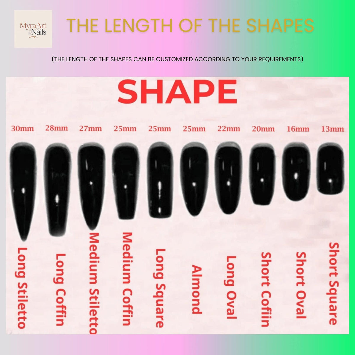 A chart displaying ten black artificial nail shapes with labels including Long Stiletto, Long Coffin, Medium Stiletto, Medium Coffin, Long Square, Almond, Long Oval, Short Coffin, Short Oval, and Short Square, with lengths from 13mm to 30mm.