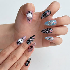 Handmade clown press on nails with vintage clock design, pastel pink and turquoise colors, Harlequin diamond pattern, gothic circus aesthetic, long almond fake nails featuring rhinestones, bows, and whimsical clowncore nail art perfect for cosplay, H