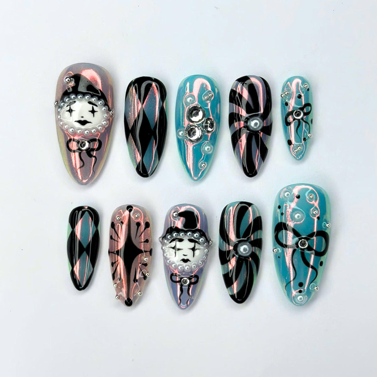 Handmade clown press on nails with vintage clock design, pastel pink and turquoise colors, Harlequin diamond pattern, gothic circus aesthetic, long almond fake nails featuring rhinestones, bows, and whimsical clowncore nail art perfect for cosplay, H