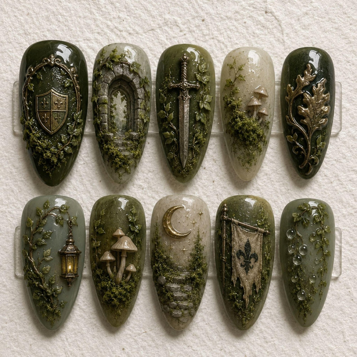 A set of ten almond-shaped press-on nails featuring intricate 3D designs in shades of forest green, cream, and metallic gold. The motifs include a shield, stone archway, sword, mushrooms, oak leaves, lantern, moon, and fleur-de-lis.