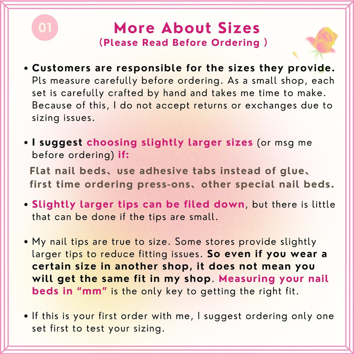 An informational graphic titled More About Sizes with a pink border and a rose icon. The text provides instructions for ordering press-on nails, emphasizing the importance of measuring nail beds in millimeters for an accurate fit.