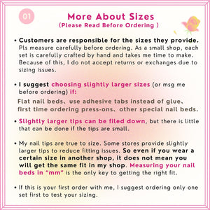 An informational graphic titled More About Sizes with a pink border and a rose icon. The text provides instructions for ordering press-on nails, emphasizing the importance of measuring nail beds in millimeters for an accurate fit.