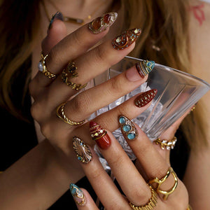 Maximal Press On Nails With Turquoise Stone, Tortoiseshell & Gold Details | Medium Almond Fake Nails | Handmade Nail Art for Vacation, Party