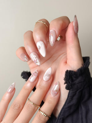 Hand Painted Press On Nails: Pink Flowers Cat Eye, Reusable Faux Nails image 2