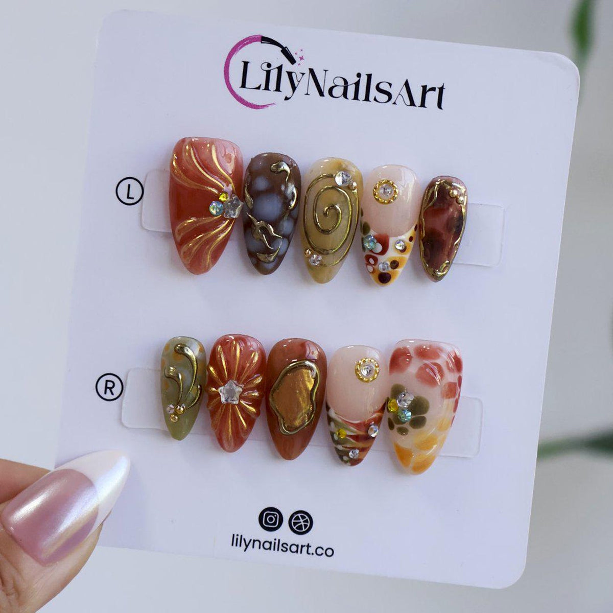 Abstract Earth Tone Press On Nails with Gold Chrome & Aura Marble | Medium Almond Fake Nails | Handmade Nails for Fall, Everyday Wear image 5