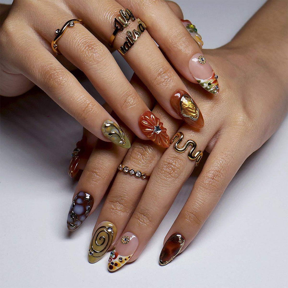 Abstract Earth Tone Press On Nails with Gold Chrome & Aura Marble | Medium Almond Fake Nails | Handmade Nails for Fall, Everyday Wear image 3