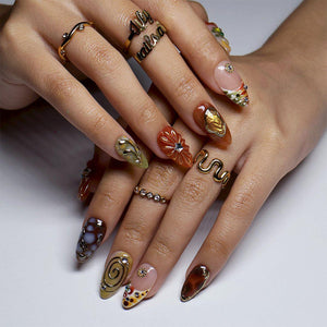 Abstract Earth Tone Press On Nails with Gold Chrome & Aura Marble | Medium Almond Fake Nails | Handmade Nails for Fall, Everyday Wear image 3