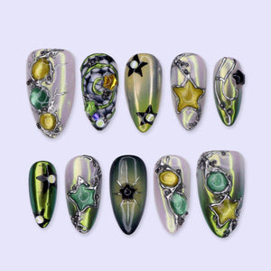 Y2K Press On Nails with Green Chrome, Star Charms | Medium Almond Fake Nails | Handmade Nails Art for Party, Festival & Streetwear Looks image 1