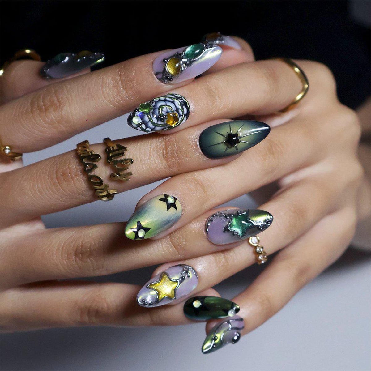Y2K Press On Nails with Green Chrome, Star Charms | Medium Almond Fake Nails | Handmade Nails Art for Party, Festival & Streetwear Looks image 2