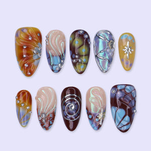 Free Style Press On Nails with Brown & Blue Abstract Swirl | Chrome Fake Nails in Medium Almond | Handmade Nail Art for Statement Looks image 1
