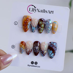 Free Style Press On Nails with Brown & Blue Abstract Swirl | Chrome Fake Nails in Medium Almond | Handmade Nail Art for Statement Looks image 5