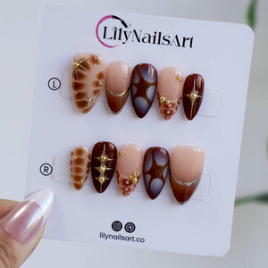 Mocha Brown Press On Nails with 3D Tortoise Shell, Gold Studs | Medium Almond Fake Nails | Handmade Nail Art Y2K For Fall & Everyday