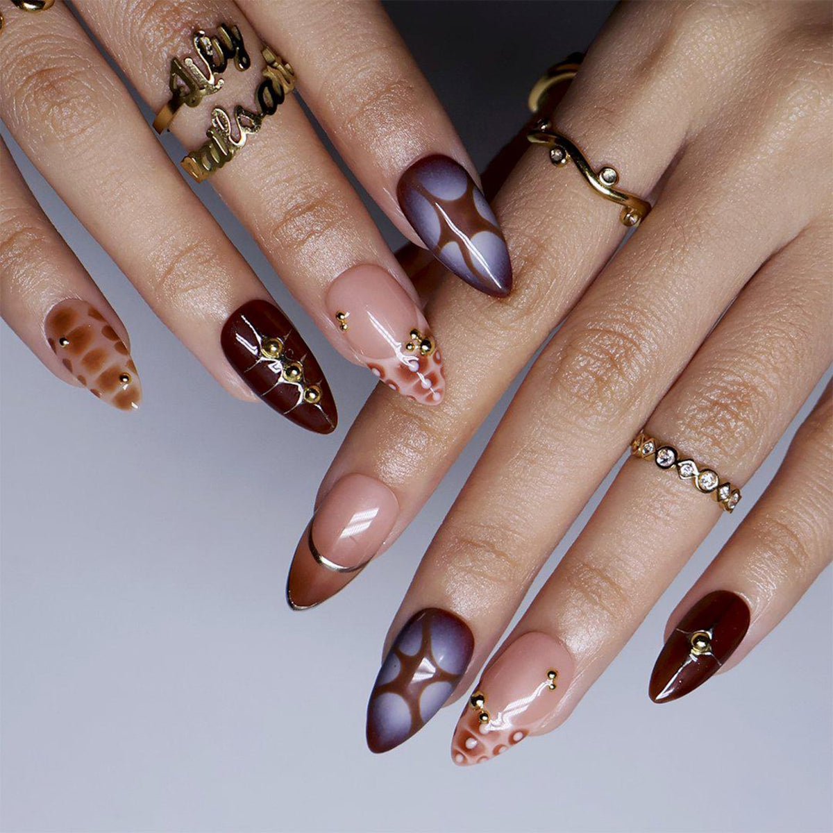 Mocha Brown Press On Nails with 3D Tortoise Shell, Gold Studs | Medium Almond Fake Nails | Handmade Nail Art Y2K For Fall & Everyday