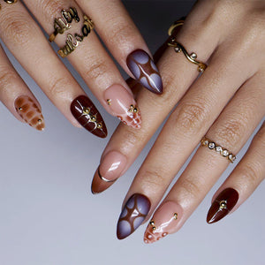 Mocha Brown Press On Nails with 3D Tortoise Shell, Gold Studs | Medium Almond Fake Nails | Handmade Nail Art Y2K For Fall & Everyday