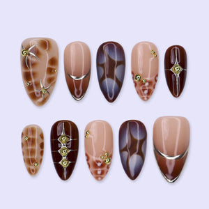 Mocha Brown Press On Nails with 3D Tortoise Shell, Gold Studs | Medium Almond Fake Nails | Handmade Nail Art Y2K For Fall & Everyday