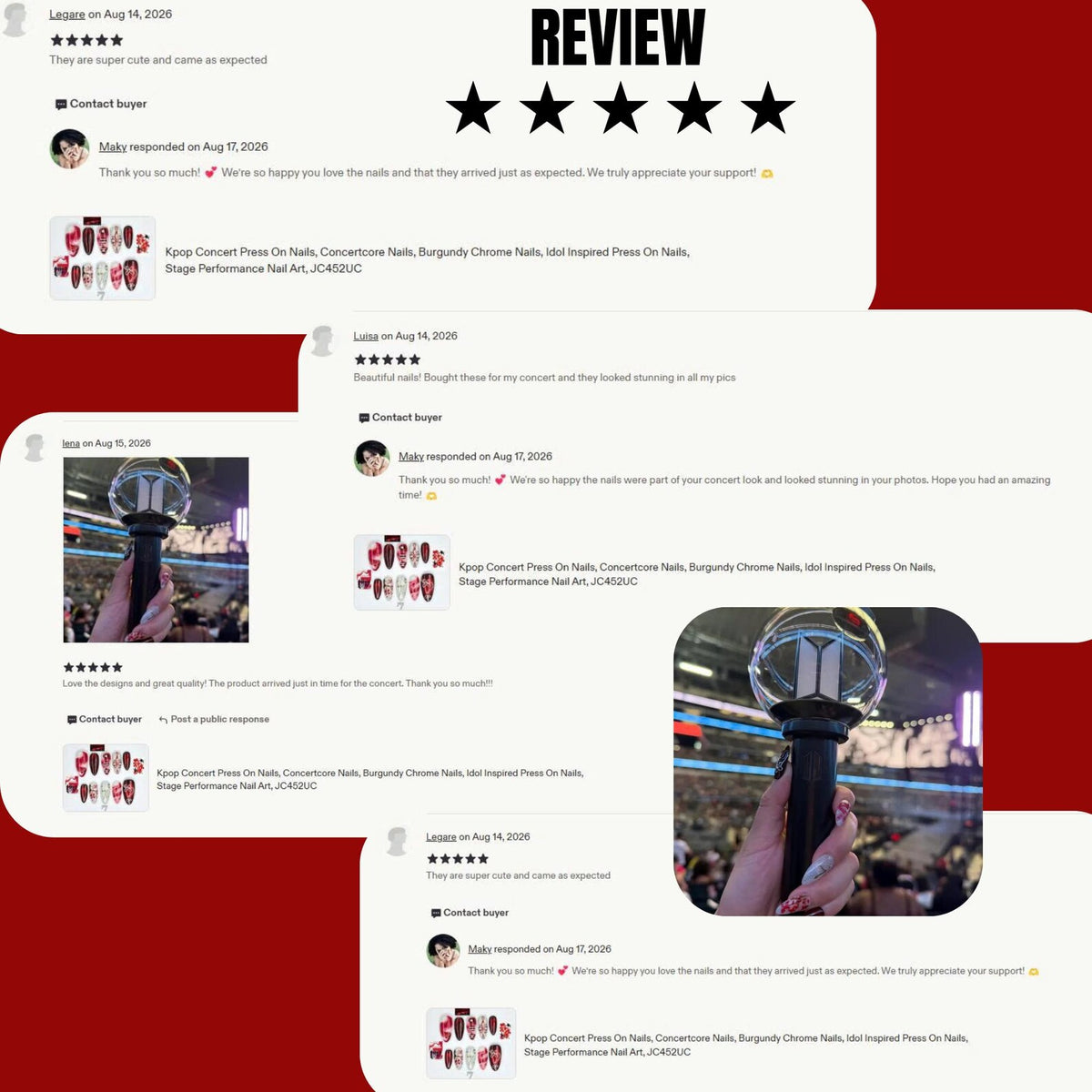 A collection of customer reviews for Kpop Concert Press On Nails, featuring burgundy chrome nail art designs. The reviews include images of the press-on nails and a BTS light stick held at a concert, with five-star ratings and text.