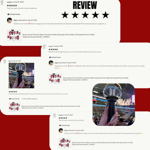 A collection of customer reviews for Kpop Concert Press On Nails, featuring burgundy chrome nail art designs. The reviews include images of the press-on nails and a BTS light stick held at a concert, with five-star ratings and text.