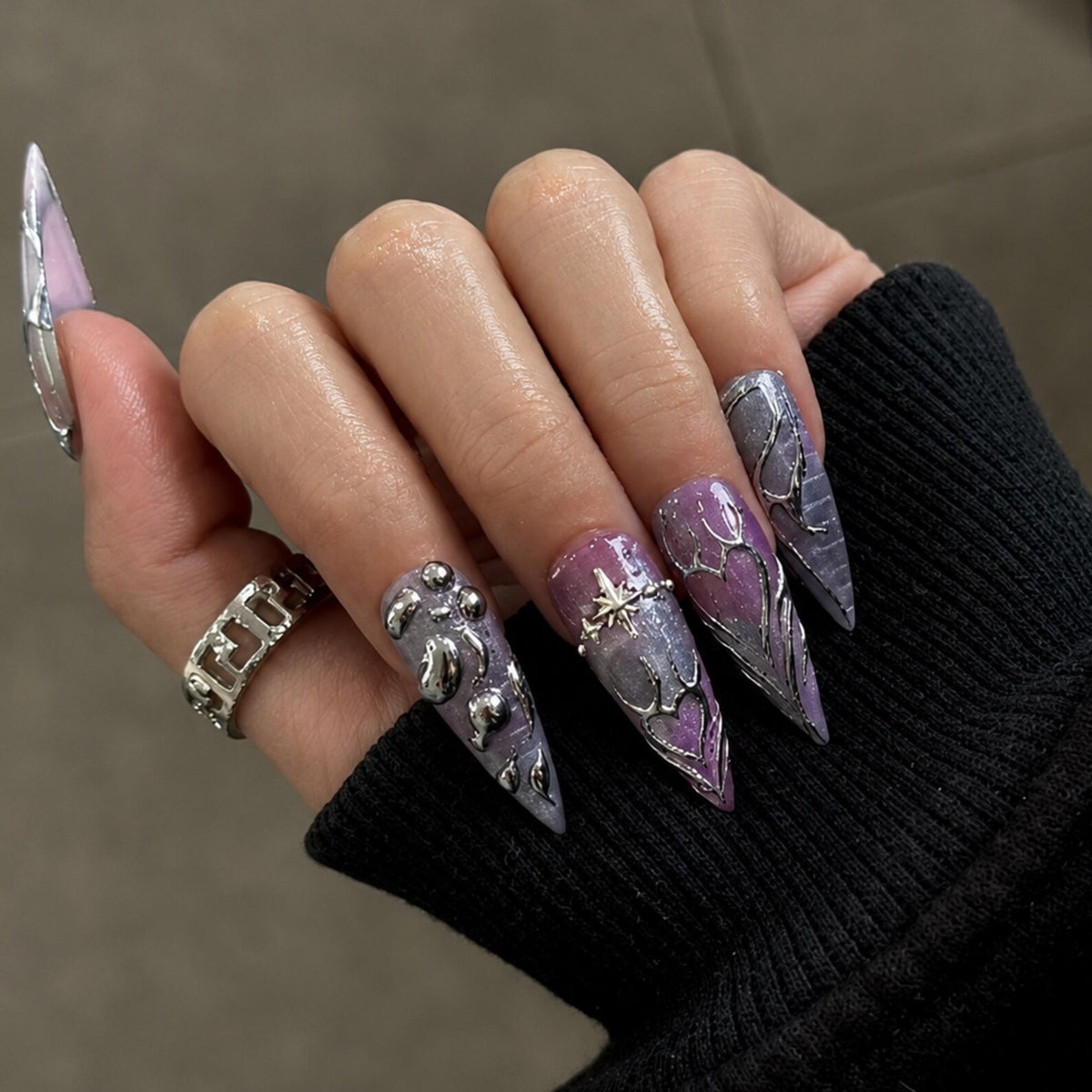 Silver Chrome Press On Nails with 3D Metallic Art , Purple Long Stiletto Nails , Futuristic Y2K Fake Nails for Party