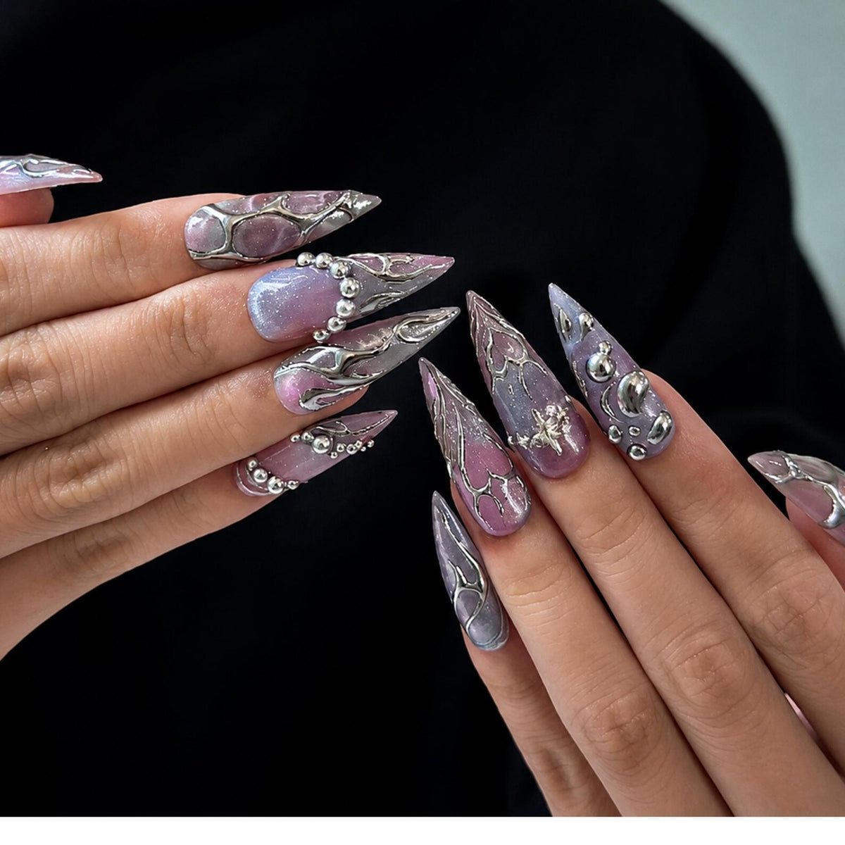 Silver Chrome Press On Nails with 3D Metallic Art , Purple Long Stiletto Nails , Futuristic Y2K Fake Nails for Party