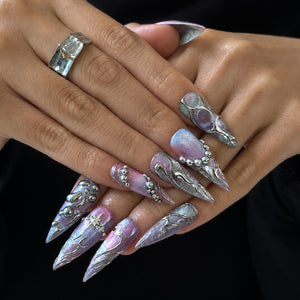 Silver Chrome Press On Nails with 3D Metallic Art , Purple Long Stiletto Nails , Futuristic Y2K Fake Nails for Party
