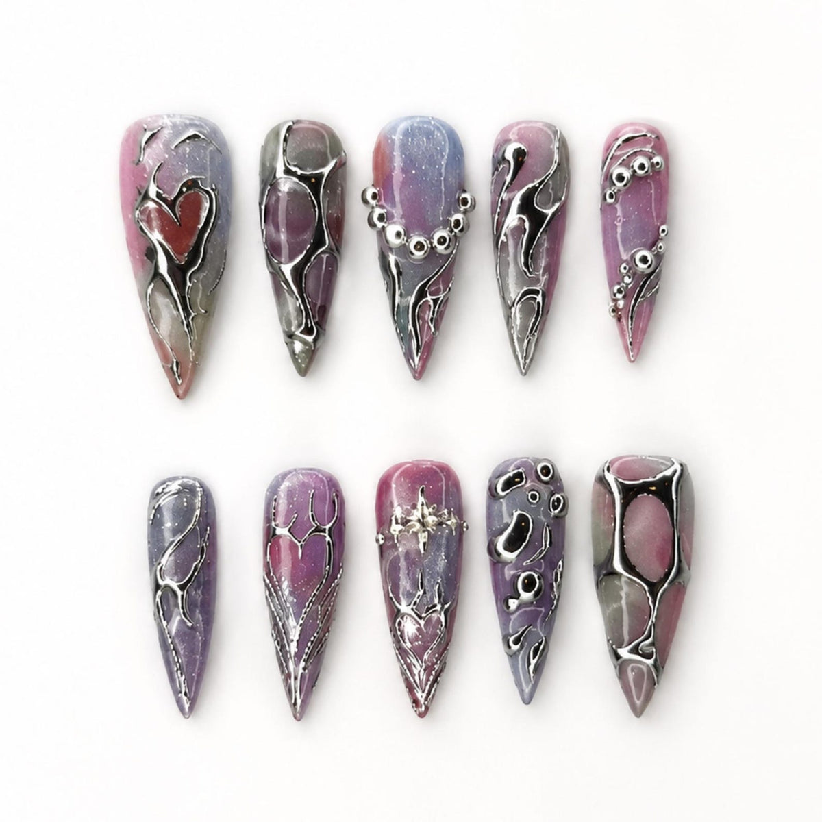 Silver Chrome Press On Nails with 3D Metallic Art , Purple Long Stiletto Nails , Futuristic Y2K Fake Nails for Party