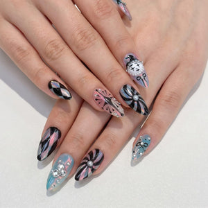 Handmade clown press on nails with vintage clock design, pastel pink and turquoise colors, Harlequin diamond pattern, gothic circus aesthetic, long almond fake nails featuring rhinestones, bows, and whimsical clowncore nail art perfect for cosplay, H