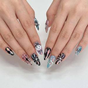 Handmade clown press on nails with vintage clock design, pastel pink and turquoise colors, Harlequin diamond pattern, gothic circus aesthetic, long almond fake nails featuring rhinestones, bows, and whimsical clowncore nail art perfect for cosplay, H