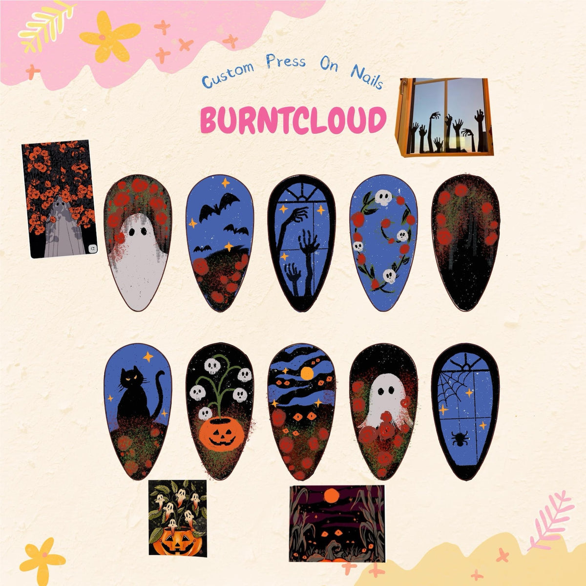 A set of ten almond-shaped press-on nails featuring Halloween-themed illustrations including ghosts, black cats, pumpkins, skulls, bats, and spiderwebs in a color palette of black, blue, orange, and white, with the text BURNTCLOUD.